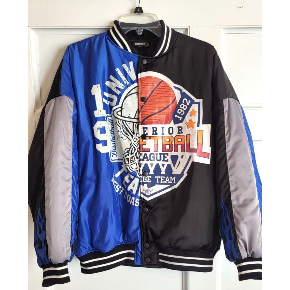 New Missguided Blue & Black Basketball women's Graphic Bomber Jacket size US 4